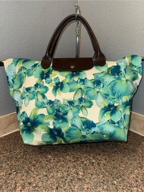 Longchamp RARE Le Pliage Orchidea Orchid Floral Print Tote Bag Medium